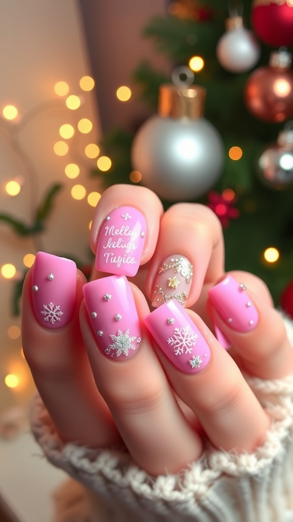 Pink Christmas square nails with festive designs and glitter accents in a holiday setting.